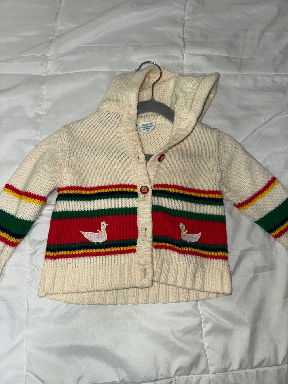 Kids Hooded Knit Cardigan with Duck Appliqué - Cream & Red